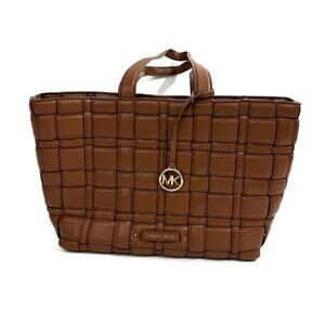 Michael Kors Brown Leather Unlined Snap Closure Ivy Medium Woven Tote Bag